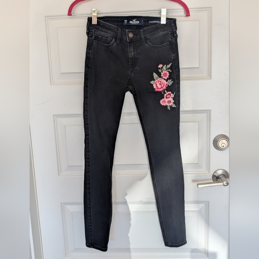 Hollister Black Jeans with Pink Floral Embroidery